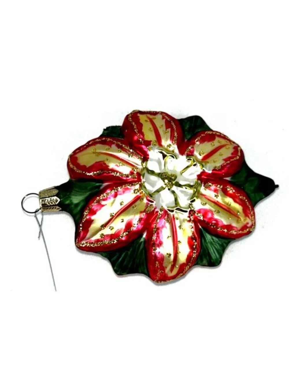 Hawaii Ornament Poinsettia Red Green Blown Glass Handcrafted Double Sided 4.75